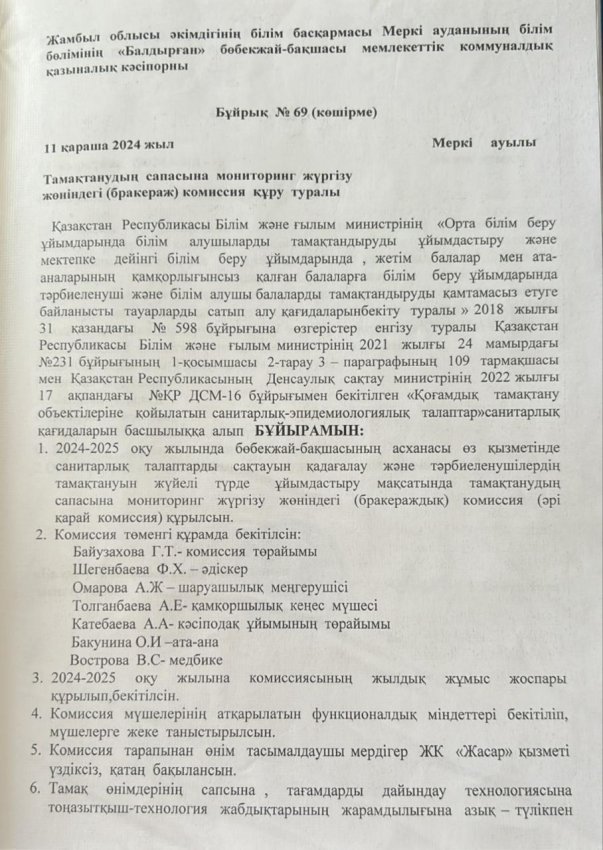 2024-2025 оқу жылында тамақтандыруды ұйымдастыруға жауапты мамандарды бекіту туралы