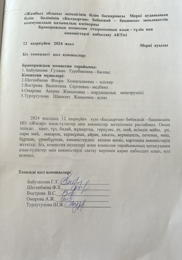 Азық- түліктер мен көкөністерді қабылдау АКТісі