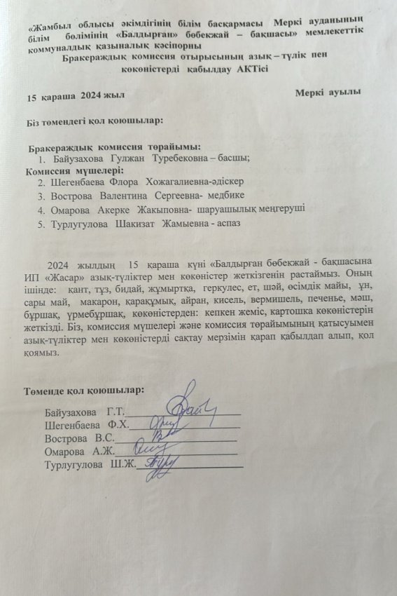 Азық- түлікпен көкөністерді қабылдау АКТісі
