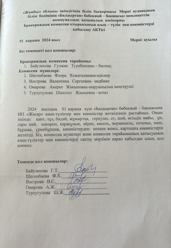 Азық- түлікпен көкөністерді қабылдау АКТісі