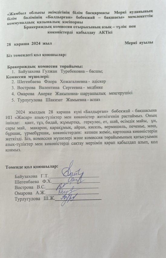 Азық- түлікпен көкөністерді қабылдау АКТісі