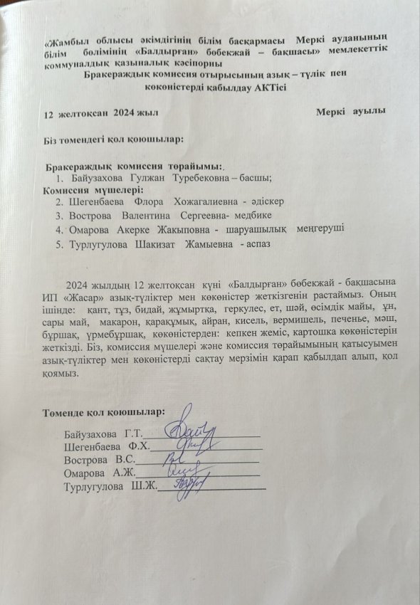 Азық- түлікпен көкөністерді қабылдау АКТісі