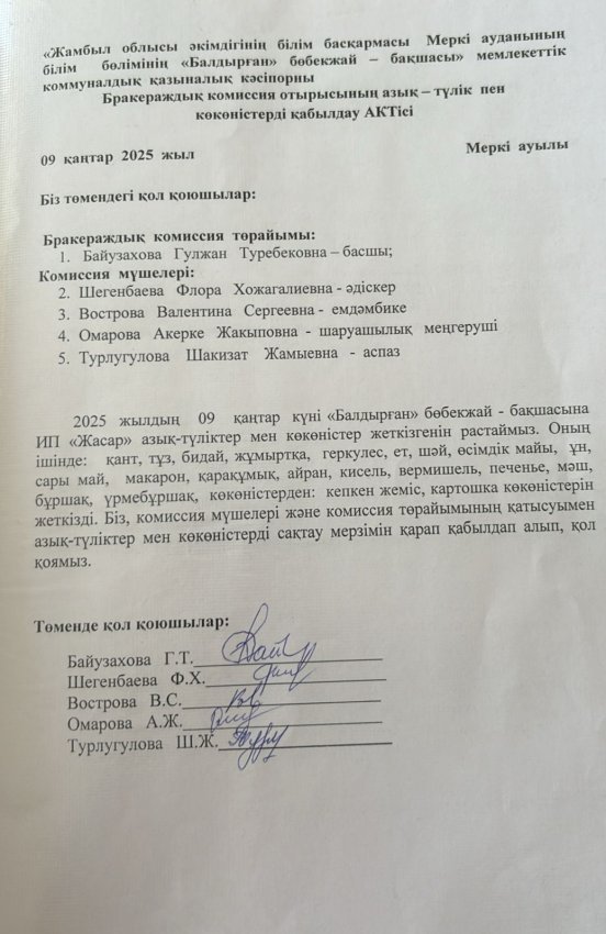 Азық- түлікпен көкөністерді қабылдау АКТісі