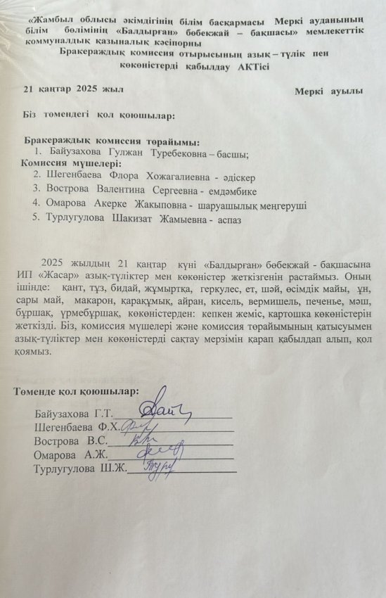 Азық- түлікпен көкөністерді қабылдау АКТісі