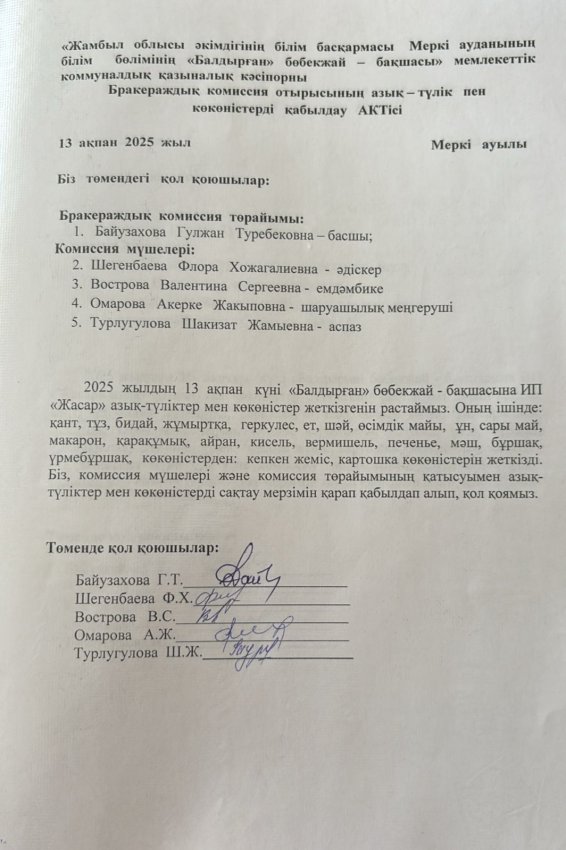 Азық- түлікпен көкөністерді қабылдау АКТісі