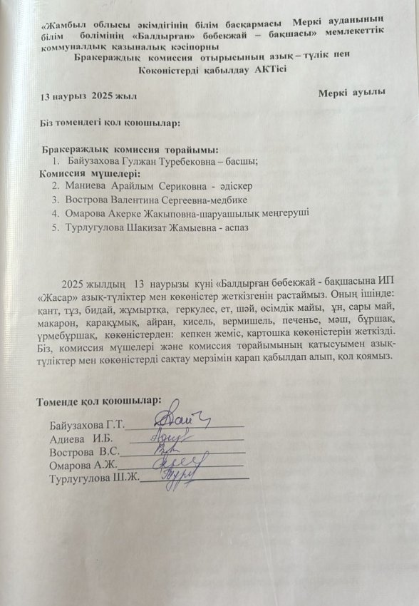 Азық- түлікпен көкөністерді қабылдау АКТісі
